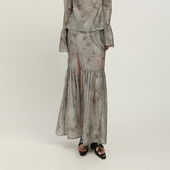 新品 MIA HAN春季 女小众设计松紧腰印花直筒开衩抽褶大摆半身裙