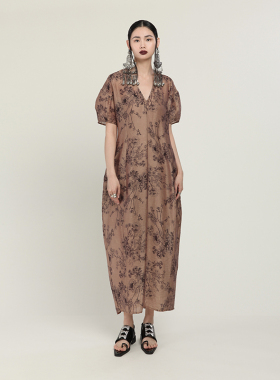 MIA HAN夏季新品女印花新中式宽松简约V领花苞裙长款短袖连衣裙