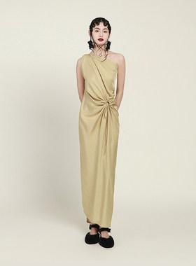 MIA HAN夏季新品女优雅设计感海边度假醋酸长款斜肩无袖连衣裙