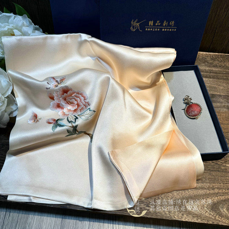 礼盒小巧非遗苏绣真丝丝巾宋锦胸针桑蚕丝手工绣花长高档女围巾