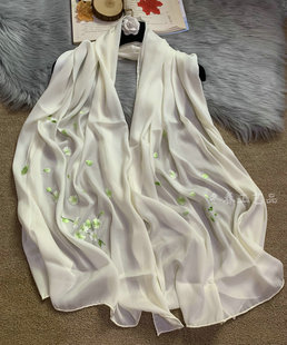 百搭长款多色迷迭香桃花刺绣真丝丝巾苏绣礼品双面绣花围巾披肩