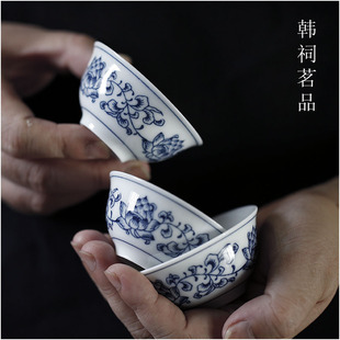 缠枝莲｜潮州老式青花茶杯斗彩釉下彩品茗杯陶瓷工夫茶反口杯复古