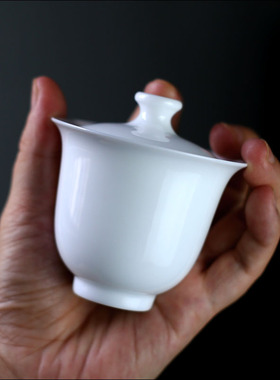 薄胎小号盖碗白色羊脂玉饮茶碗单个功夫茶试茶品茶专用三才碗青花
