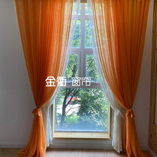 金衢窗帘田园橘黄橙色轻柔飘逸透光纱帘客厅餐厅白色蕾丝双层窗纱