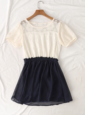 日单夏季森系文艺范圆领镂空钩花松紧腰拼接撞色裙摆连衣裙19352