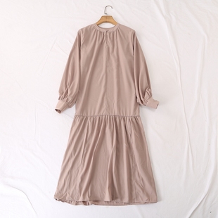 日单品牌春夏新款 连衣裙打底裙28048 简单优雅一粒扣拼接裙摆长袖