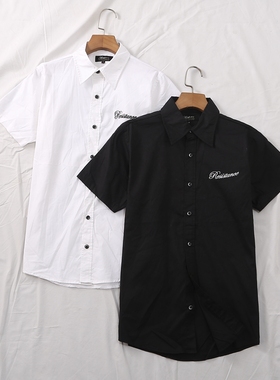 日单夏季新款简单百搭休闲纯色翻领字母刺绣棉短袖衬衫女21732