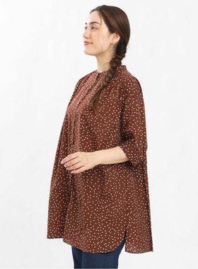 日单春夏新款清新优雅圆领系扣圆点圆弧宽松大版中长款衬衫30680