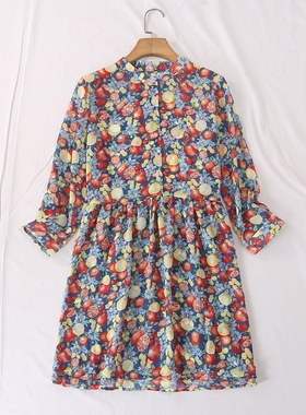 日单春夏甜美减龄圆领系扣拼接水果印花轻盈薄雪纺连衣裙25576