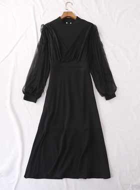 日单春秋新款优雅复古魅力圆领网纱拼接长袖针织连衣裙长裙23808