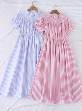 夏季新款韩版时尚清新减龄竖条纹一字肩收腰连衣裙过膝长裙16435