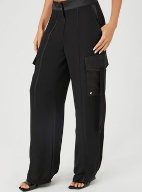 外贸单春秋新款时尚个性暗扣腰翻盖口袋拼接雪纺工装裤长裤23514