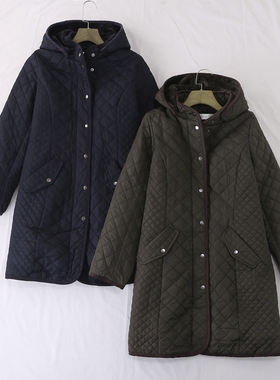 日单秋冬新款休闲百搭可脱卸连帽加绒绗线中长款棉衣棉服女24601