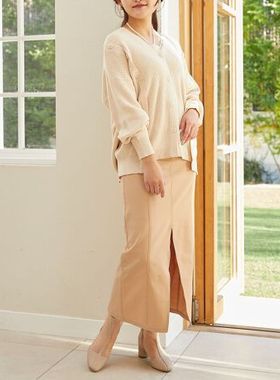 日单秋冬新款优雅百搭纽扣拉链后松紧腰前开叉包臀一步裙22861