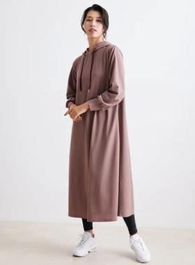 日单春秋新款简单休闲垂感显瘦连帽侧口袋长款卫衣连衣裙28232