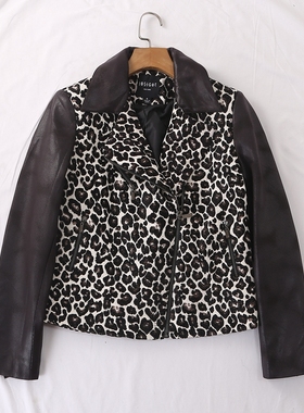 外贸单秋冬新款时尚个性翻领长袖拼接豹纹拉链夹克外套女23665
