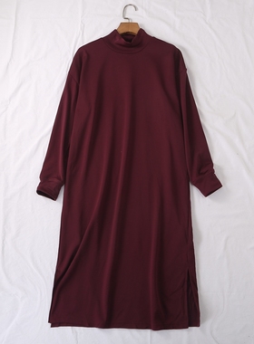 日单春秋新款简单纯色中领收口长袖下摆开叉连衣裙打底裙女22323