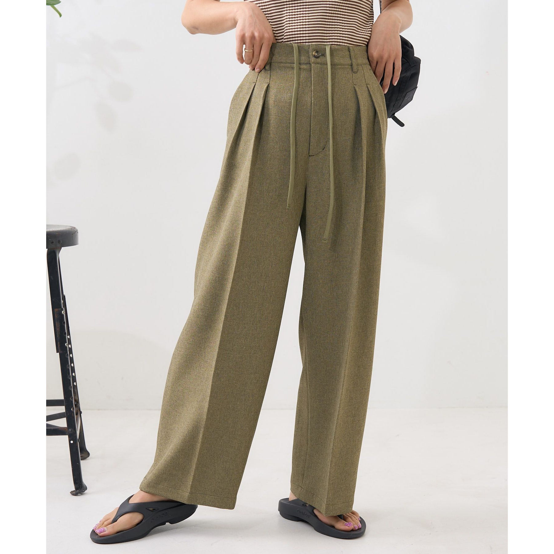 日系系带高腰直筒麻调西装休闲裤