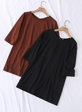 日单原单春季新款时尚简约个性圆领前开叉纯色中袖T恤打底衫14892