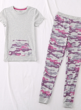 外贸单春夏童装睡衣圆领短袖迷彩大口袋+迷彩裤家居服套装21248