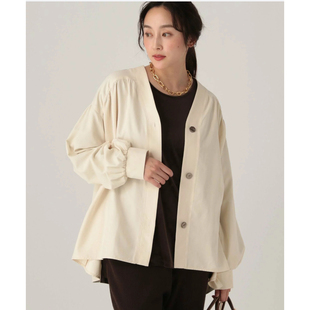 开衫 日单品牌春秋新款 衬衫 百搭两穿v领系扣磨毛长袖 外套32145 时尚