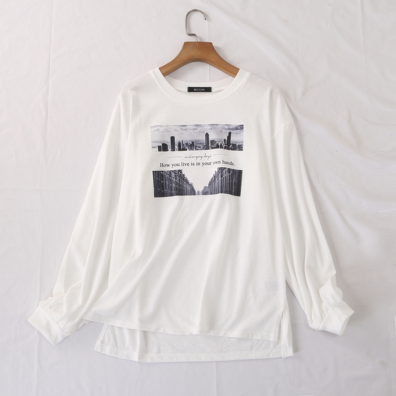 圆领下摆开叉印花长袖T恤长袖