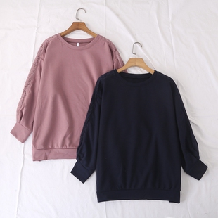 大码 子侧边蕾丝拼接长袖 卫衣24187 优雅精致感圆领袖 日单秋冬新款