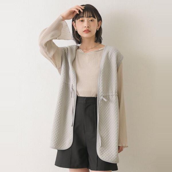 系带绗线装饰中长款马甲外套简约