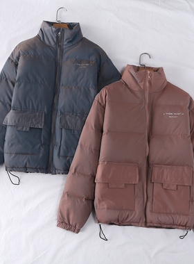 冬季新款简单时尚潮范渐变色立领松紧系带厚棉衣棉服男女18244