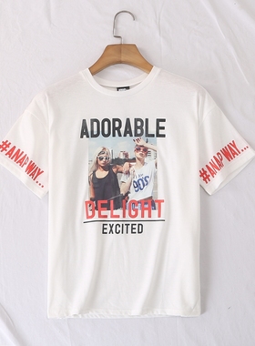 日单春夏新款童装亲子装圆领美女印花侧开叉短袖T恤宽松大版26041