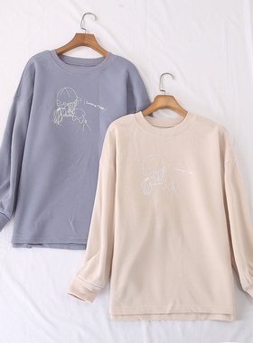 日单秋冬新款休闲文艺范圆领女孩简笔画印花长袖加绒卫衣女24770