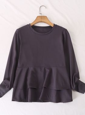 日单品牌春秋新款甜美减龄双层蛋糕下摆罗纹袖T恤上衣卫衣女28356