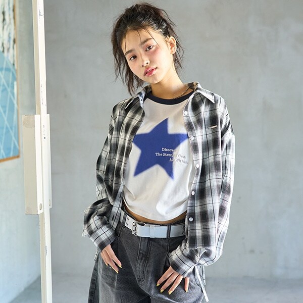 亲子装翻领系扣格纹抽绳长袖衬衫