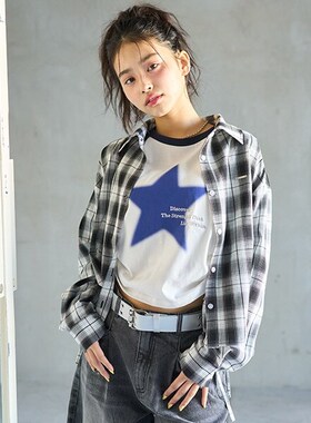 日单春秋新款休闲亲子装翻领系扣格纹印花下摆抽绳长袖衬衫31474