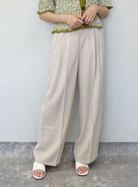 日单春秋时尚百搭纯色垂坠半松紧腰带腰环直筒西装裤长裤女23827
