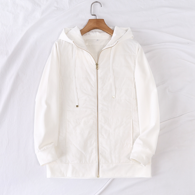 日单冬季季新款简单休闲拼接连帽系带长袖拉链薄棉衣外套女17550