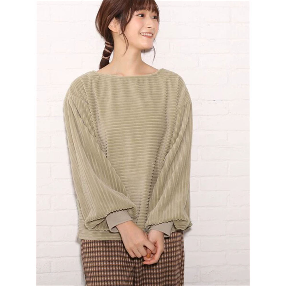 日单秋冬新款亲肤保暖优雅船领竖坑条罗纹长袖法兰绒卫衣女23773