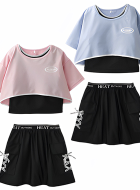 日单女童泳衣套装圆领上衣+背心+松紧要带安全裤半身裙3件套30448