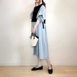 日单春夏新款 连衣裙假两件29861 优雅文艺范针织马甲拼接收腰衬衫