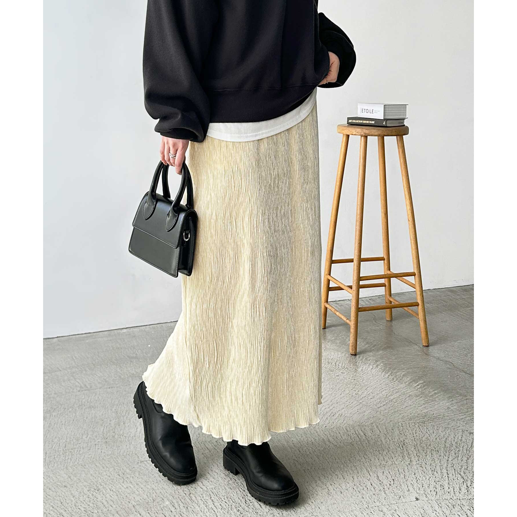 松紧腰杨柳褶皱金丝绒开叉半身裙