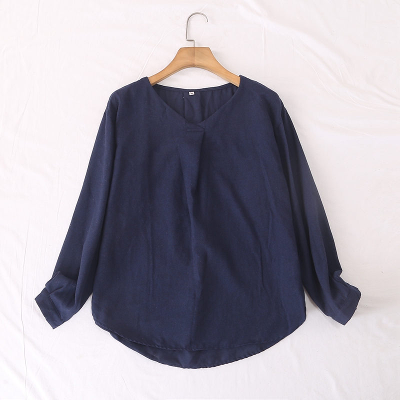 长袖衬衫上衣简约纯色V领