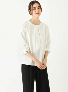 日单品牌春秋新款简约通勤百搭圆领一粒扣飘带领带内衬衬衫30698