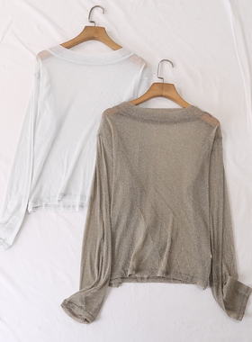 日单春夏新款清新时尚优雅性感圆领长袖亮丝轻透打底衫小衫28206