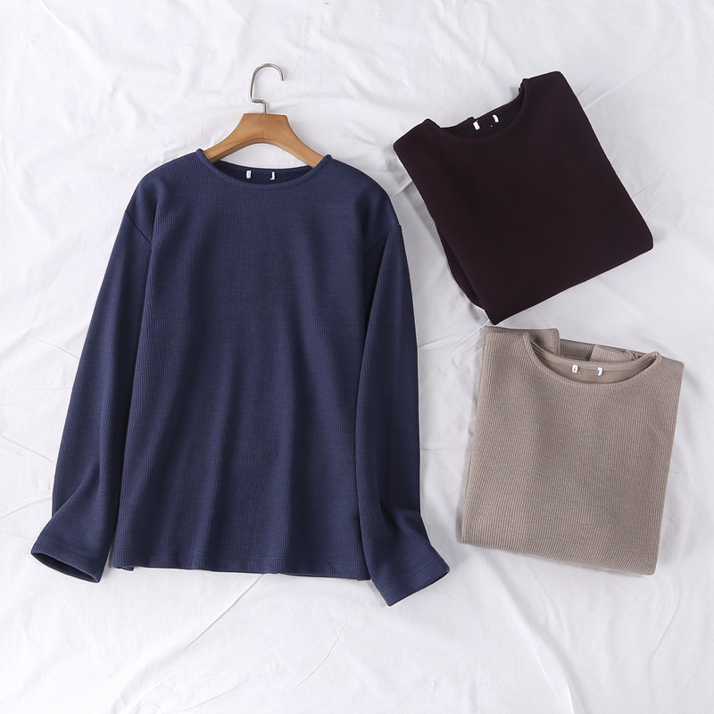 日单秋冬新款简单休闲百搭圆领竖坑条长袖针织衫打底衫男女18407