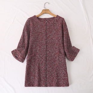 日单秋冬新款简单休闲后一粒扣圆领九分袖雪花针织衫上衣28543