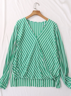 外贸单春秋新款时尚百搭交叉V领不规则下摆条纹印花雪纺衫女23343