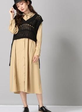 日单品牌JS秋冬新款气质翻领系扣拼接宽松长袖衬衫连衣裙女28411