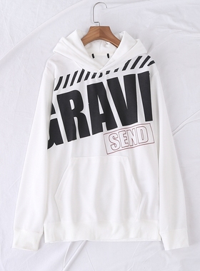 日单春秋新款时尚有型连帽长袖字母胶印口袋螺纹袖口卫衣女16955