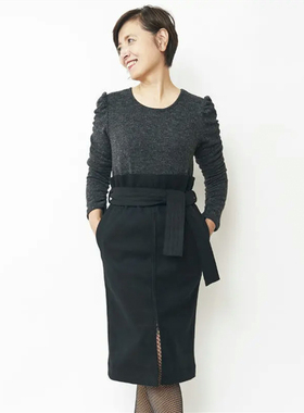 日单秋冬时尚气质圆领长袖针织拼接呢子半身裙连衣裙无腰带23976