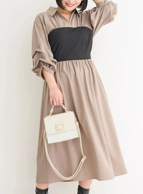 日单春夏新款气质翻领针织抹胸拼接后背松紧堆七分袖连衣裙29871